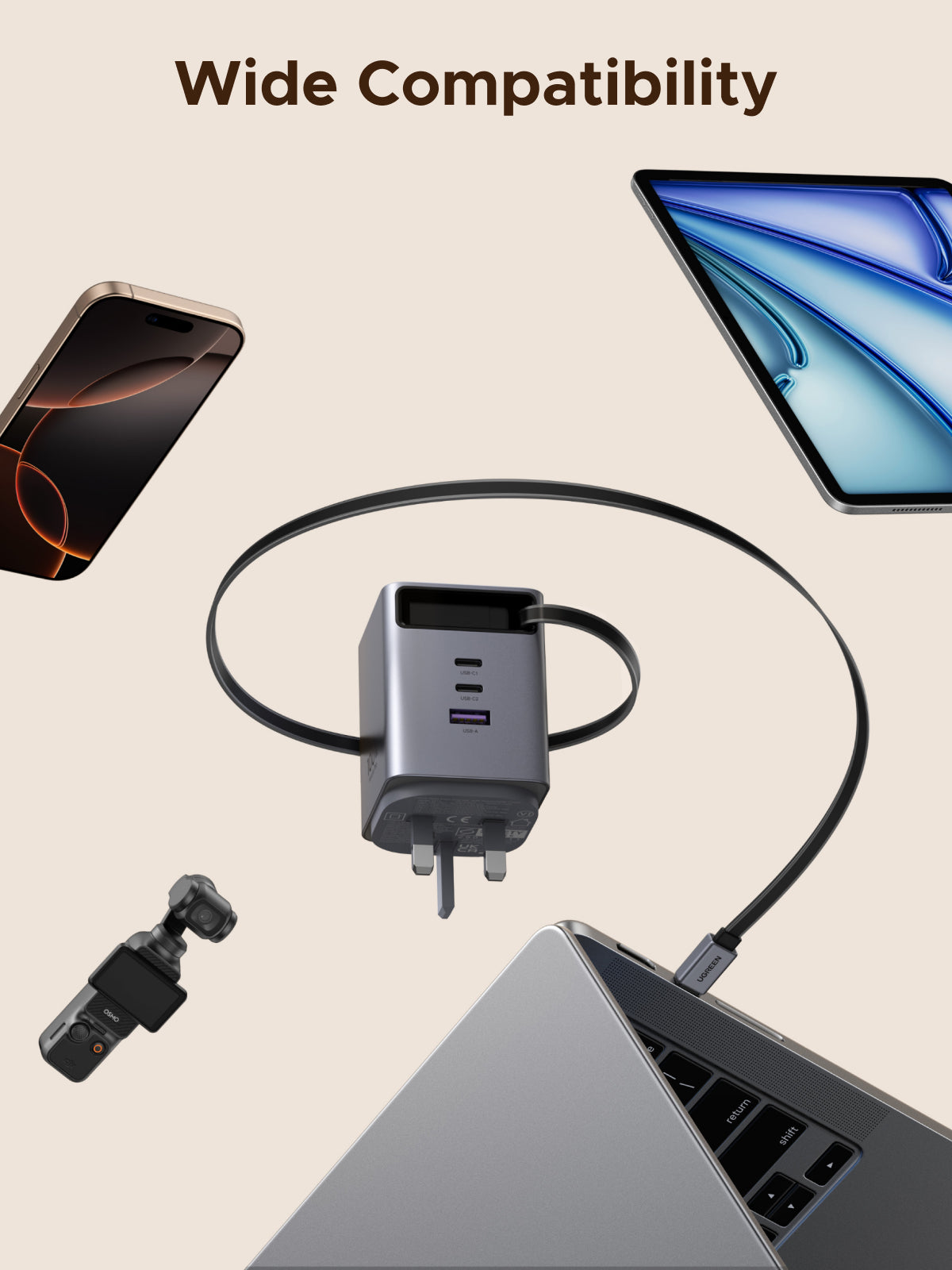 UGREEN Nexode Pro 100W USB C Charger 2C1A with Built-in Retractable Cable(0.75m) GaN Fast Wall Charger for MacBook Pro/Air, iPhone 17 Pro Max/16/15, iPad, Galaxy S25 Ultra/S24