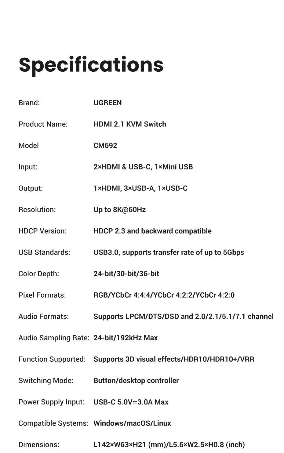 UGREEN HDMI 2.1 KVM Switcher Box 8K60Hz USB 3.0 5Gbps Ultra HD HDMI for Monitor Sharing Model:25961