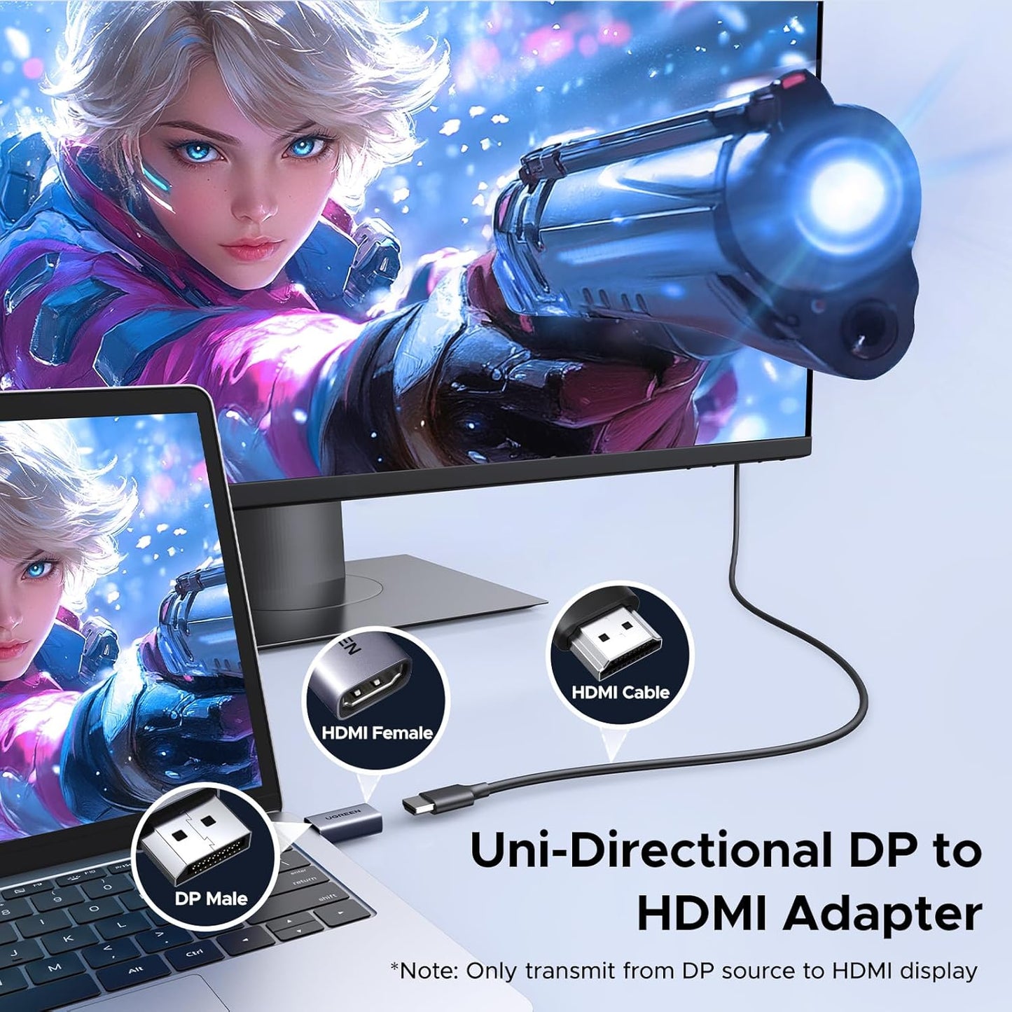 UGREEN 4K Displayport (Source) to HDMI (Display) Cable single direction UHD DP to HDMI Connector Video Display Cord for HDTV Monitor Projector Computer