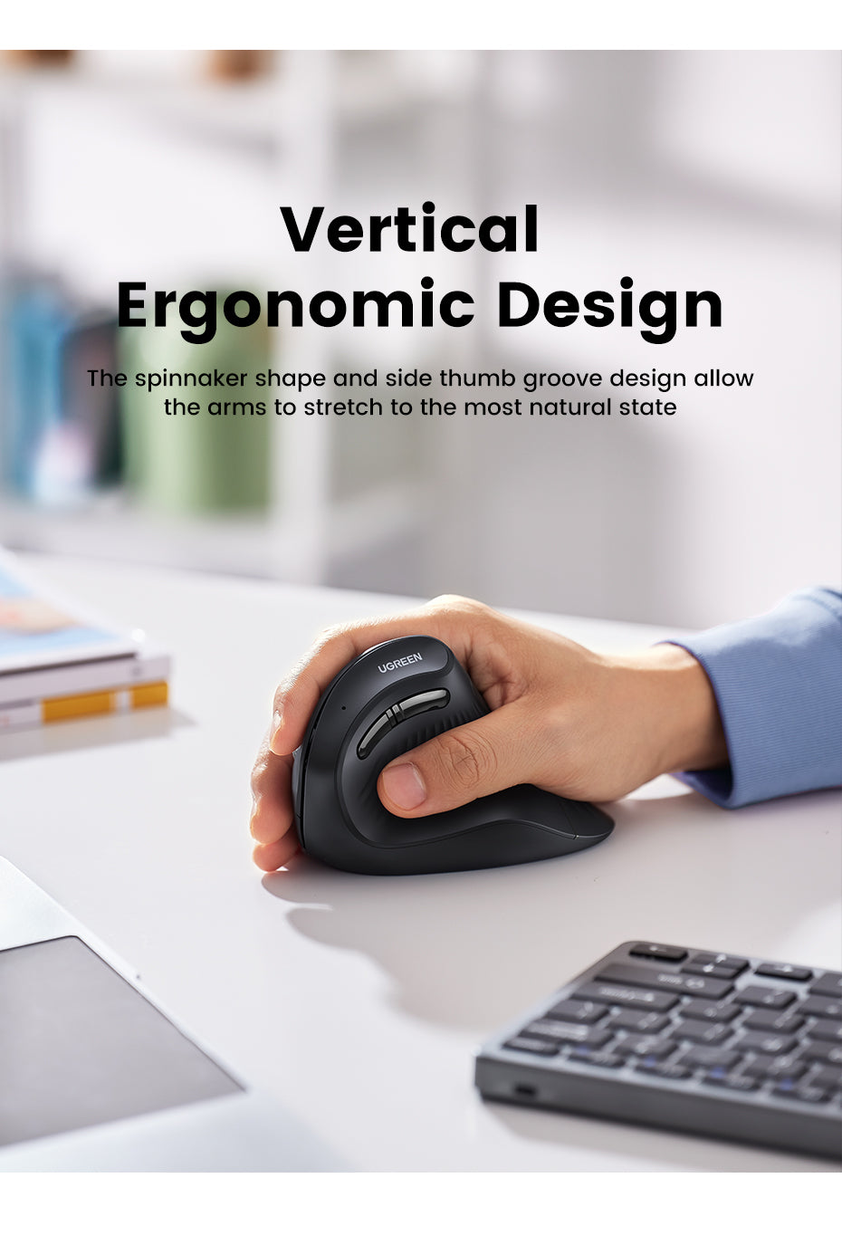 UGREEN Vertical Ergonomic Mouse, Bluetooth & 2.4G, Quiet clicks, 5 Buttons, 4000 DPI Wireless Mouse 4 Adjustable DPI, Silent Mouse for Laptop, Mac, Chromebook, PC, Windows, Black