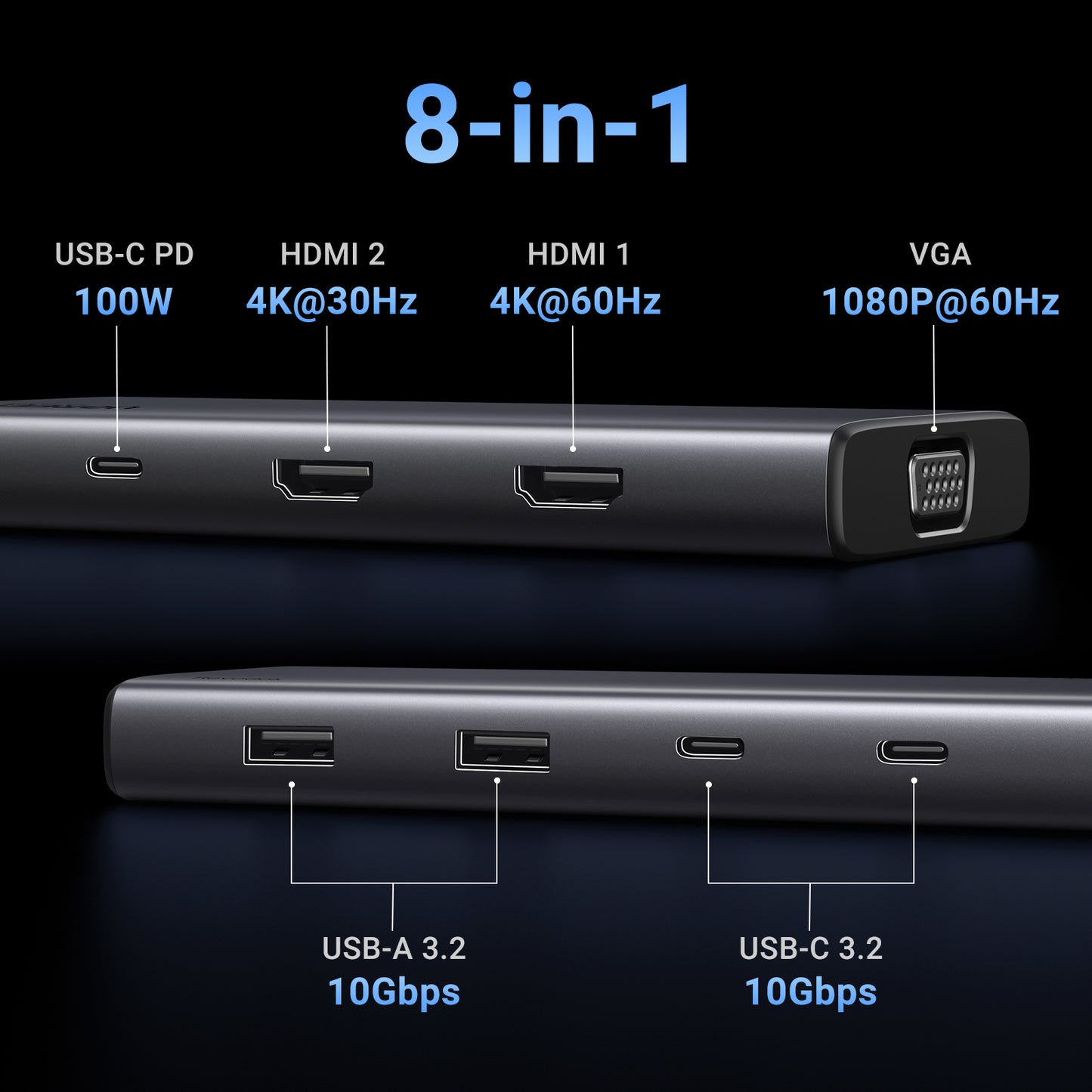UGREEN Revodok 8 in 1 USB C Hub Triple Display Docking Station Dual HDMI, VGA, 10Gbps USB C& A Data Port USB C Dock for Dell XPS Thinkpad and More