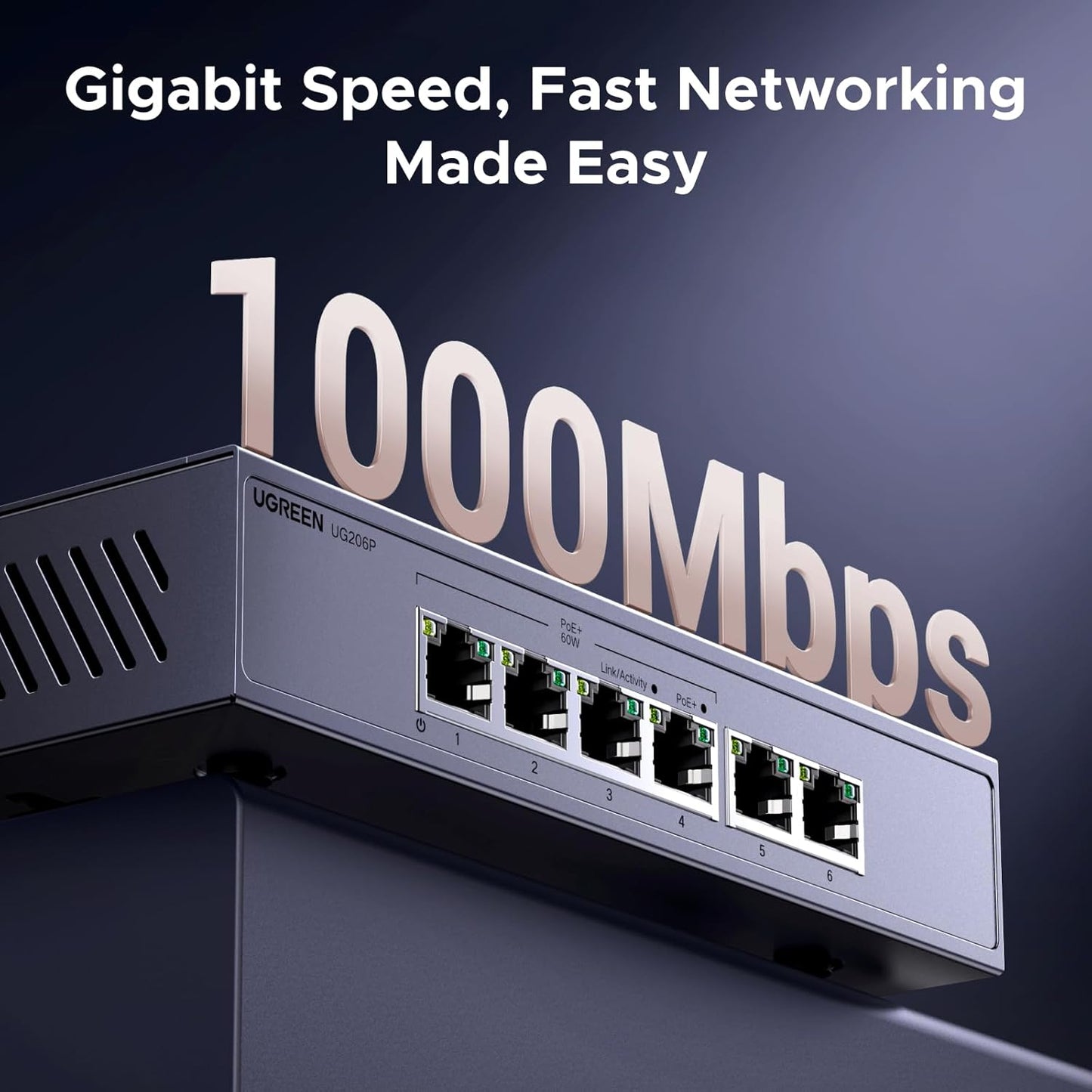 UGREEN POE Network Switch,4x Gigabit PoE+ Ports& 2 Gigabit Auto ports Ethernet Splitter , 802.3af/at 30W,60W Total Budget, 6 Port Metal Case Hub,Plug & Play for TV/Laptop/Switch/Router/Camera