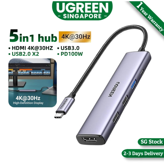 UGREEN 15495 USB C Hub, 5in1 HUB 4K30Hz HDMI, 100W Power Delivery, 3 USB A Data Ports, USB C Hub Multiport Adapter