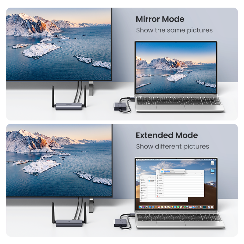 UGREEN wireless HDMI extender mirror mode and extended desktop mode on a compatible laptop
