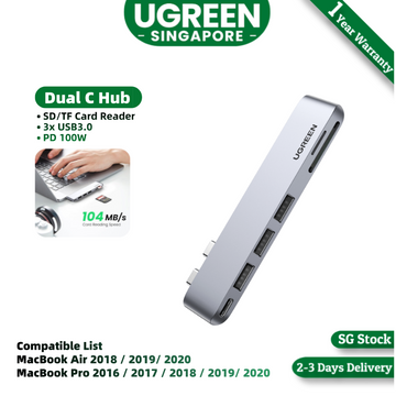 Ugreen 6-in-2 USB C Hub for MacBook Pro,2xUSB-C to 3xUSB3.0-A+SD+TF+PD Docking Station compatiable for MacBook Air 2018 / 2019/ 2020 and MacBook Pro 2016 / 2017 / 2018 / 2019/ 2020