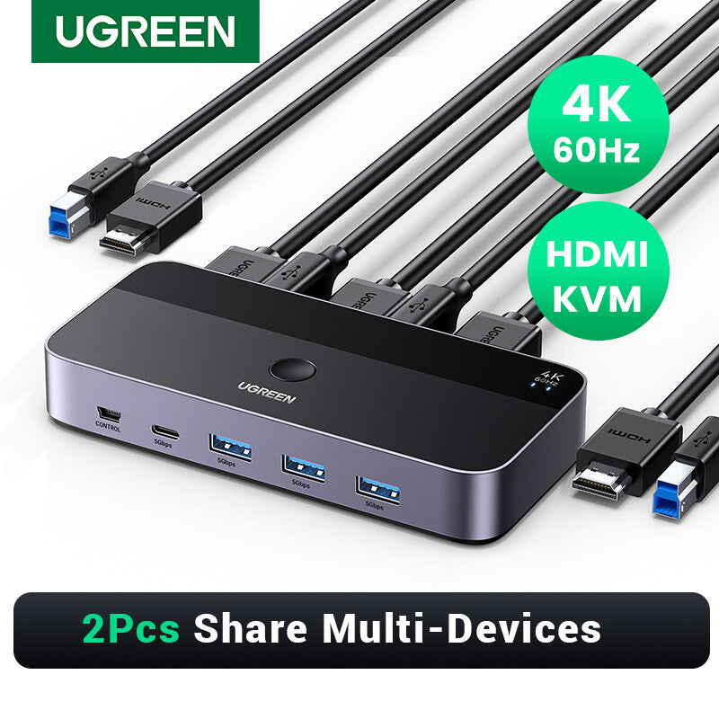 UGREEN HDMI 2.0 KVM Switch – 2 Computers to 1 Monitor Display, 4K60Hz HDMI & USB Peripheral Sharing