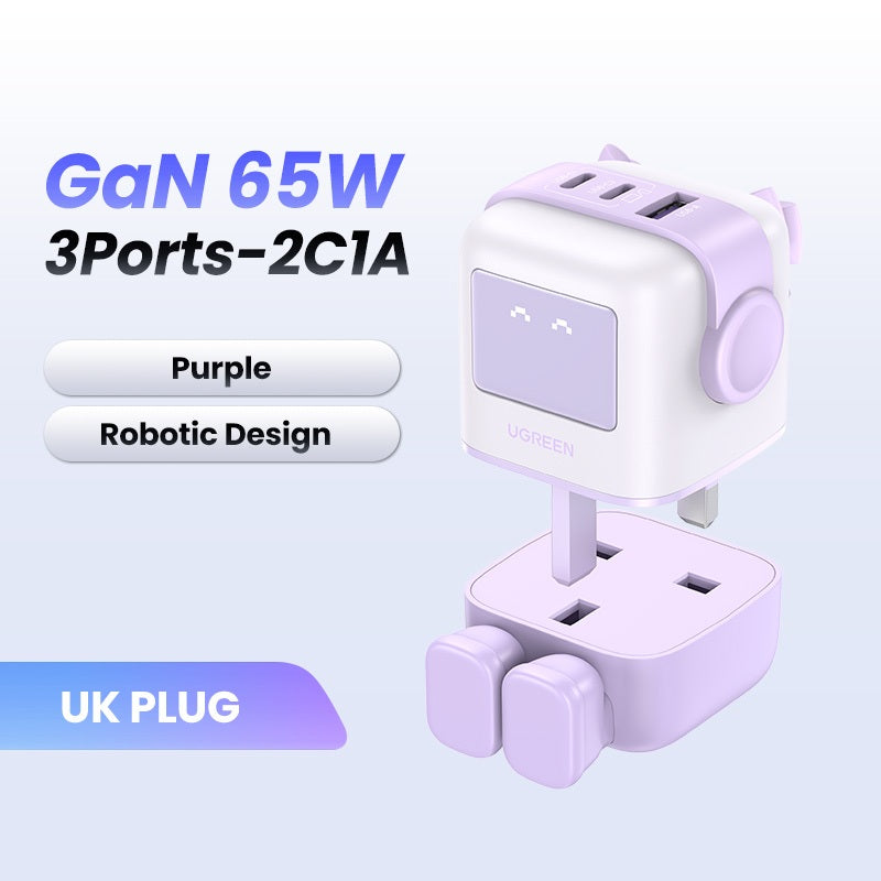 UGREEN Robot GaN 65W 3-Ports USB C USB A Fast Charger for iPhone 15 Pro Max/14/13/12//Macbook Air/iPad Pro/iPad Mini