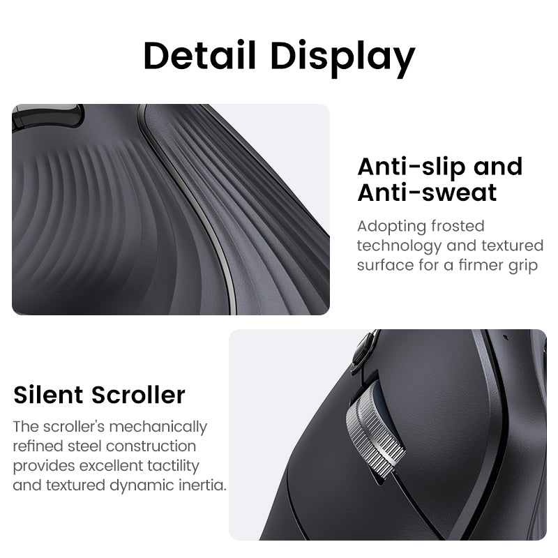 UGREEN Vertical Ergonomic Mouse, Bluetooth & 2.4G, Quiet clicks, 5 Buttons, 4000 DPI Wireless Mouse 4 Adjustable DPI, Silent Mouse for Laptop, Mac, Chromebook, PC, Windows, Black