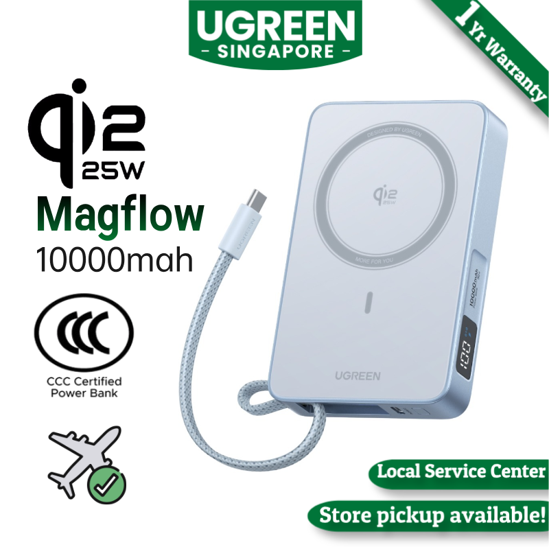 [3C Certified] UGREEN Qi2 25W MagFlow Magnetic Wireless Power Bank 10000mAh 30W PD Fast Charge with Built-in USB-C Cable, MagSafe Compatible for iPhone 16 15 14 Pro Max, Samsung S25 S24 Ultra