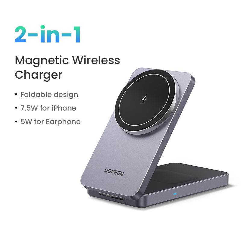 UGREEN 2-in-1 20W MagFlow Wireless Charger, 15W Fast Charging Stand for iPhone 16/15/14 Pro Max, 7.5W for iPhone 16/15 Plus, Compatible with AirPods Pro/Max, Xiaomi Air, Samsung S24 Ultra/S23, Galaxy Buds, Earphones, Phone Holder Included