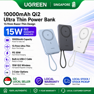 UGREEN 3-in-1 Magnetic Wireless Power Bank 10000mAh with Built-in USB C Cable PD 30W Fast Charging Ultra Slim Charger