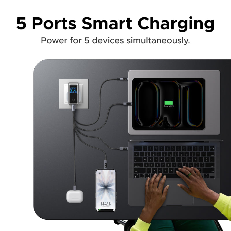UGREEN 160W GaN Digital Power Display Charger 5-Port Fast Charging 4C1A 4 Type C 1 USB A Charger for with Interactive Screen for Thinkpad T14 MacBook Pro/Air iPad Pro/Air, Dell XPS, iPad Mini/Pro iPhone 17 16 Pro Max iPhone Samsung S26 Ultra Pixel Switch