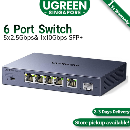 UGREEN 2.5Gbps Network Switch, 5 x 2.5Gbps Base-T& 1 x 10Gbps SFP+ Slot Ethernet Splitter, 6 Port Metal Case Ethernet Switch Hub,Desktop & Wall-Mounting,Plug & Play for TV/Laptop/Switch/Router/Camera