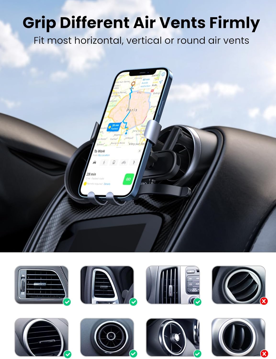 UGREEN Car Phone Holder Air Vent Gravity Phone Mount Suitable for Round Vent Compatible with iPhone 15 Pro Max 14 13 12 11 Pro Max SE XS XR, Galaxy S23 S22 S21 S20 FE S10 S9, P60 P50 P40