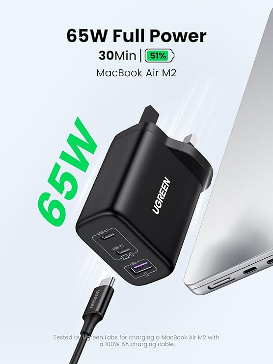 UGREEN 65W 3-Port GaN Fast USB-C Charger Adapter with PPS for MacBook/Air, iPad Pro/Air, iPhone 15/16 Pro Max, Galaxy S25 Ultra - Travel Wall Charger with 24h Protection