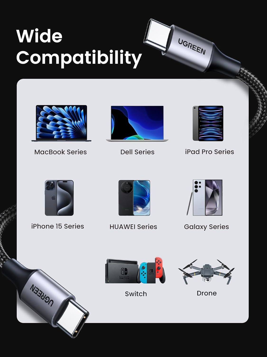 UGREEN 60W USB C to USB C Charger Cable, Type C PD Fast Charging Braided Cord, Compatible with iPhone 16 Pro Max/15, Galaxy S24 S23, MacBook Pro, iPad Pro 2024, Pixel9, Chromebook, Switch