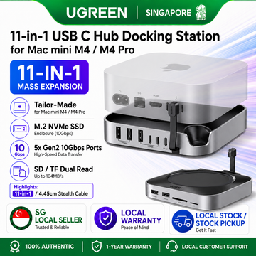 UGREEN 11-in-1 USB C Hub Docking Station for Mac mini M4 / M4 Pro, Base Stand with M.2 NVMe SSD Enclosure, 10Gbps Type C Splitter, SD TF Card Reader Desk Organizer