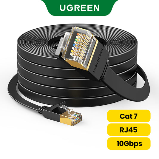 UGREEN Flat Cat7 Ethernet Cable RJ45 10Gbps Network Cable U/FTP Lan Cable Cat 7 RJ45 Patch Cord for Router Laptop Cable Ethernet,Black-Flat Version