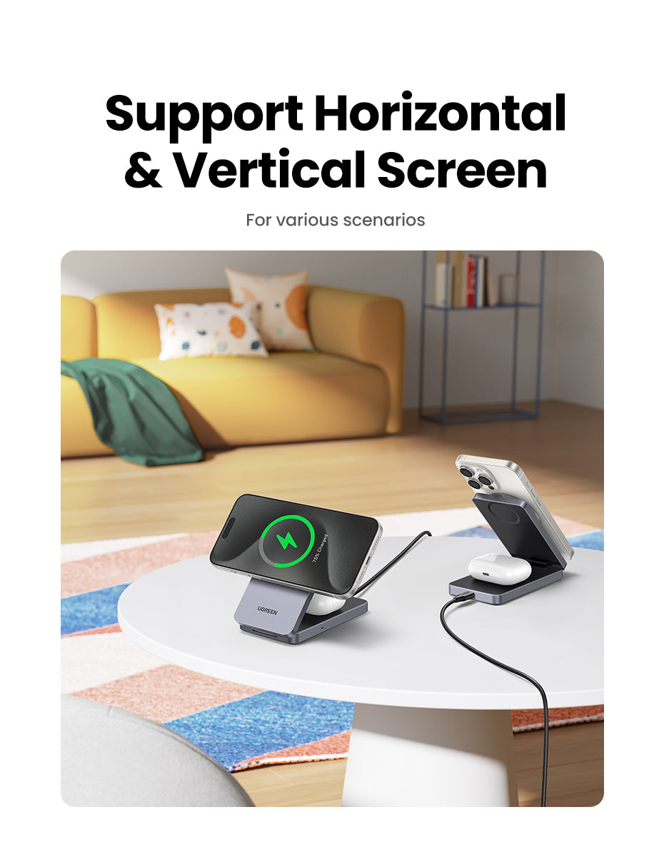 UGREEN 2-in-1 20W MagFlow Wireless Charger, 15W Fast Charging Stand for iPhone 16/15/14 Pro Max, 7.5W for iPhone 16/15 Plus, Compatible with AirPods Pro/Max, Xiaomi Air, Samsung S24 Ultra/S23, Galaxy Buds, Earphones, Phone Holder Included