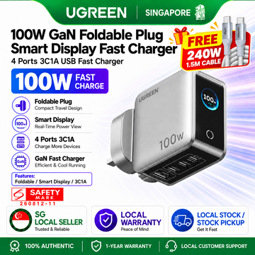 UGREEN 100W GaN Fast Charger Foldable Plug Smart Display 4 Ports 3C1A USB C PD Charger Set for MacBook Laptop iPhone