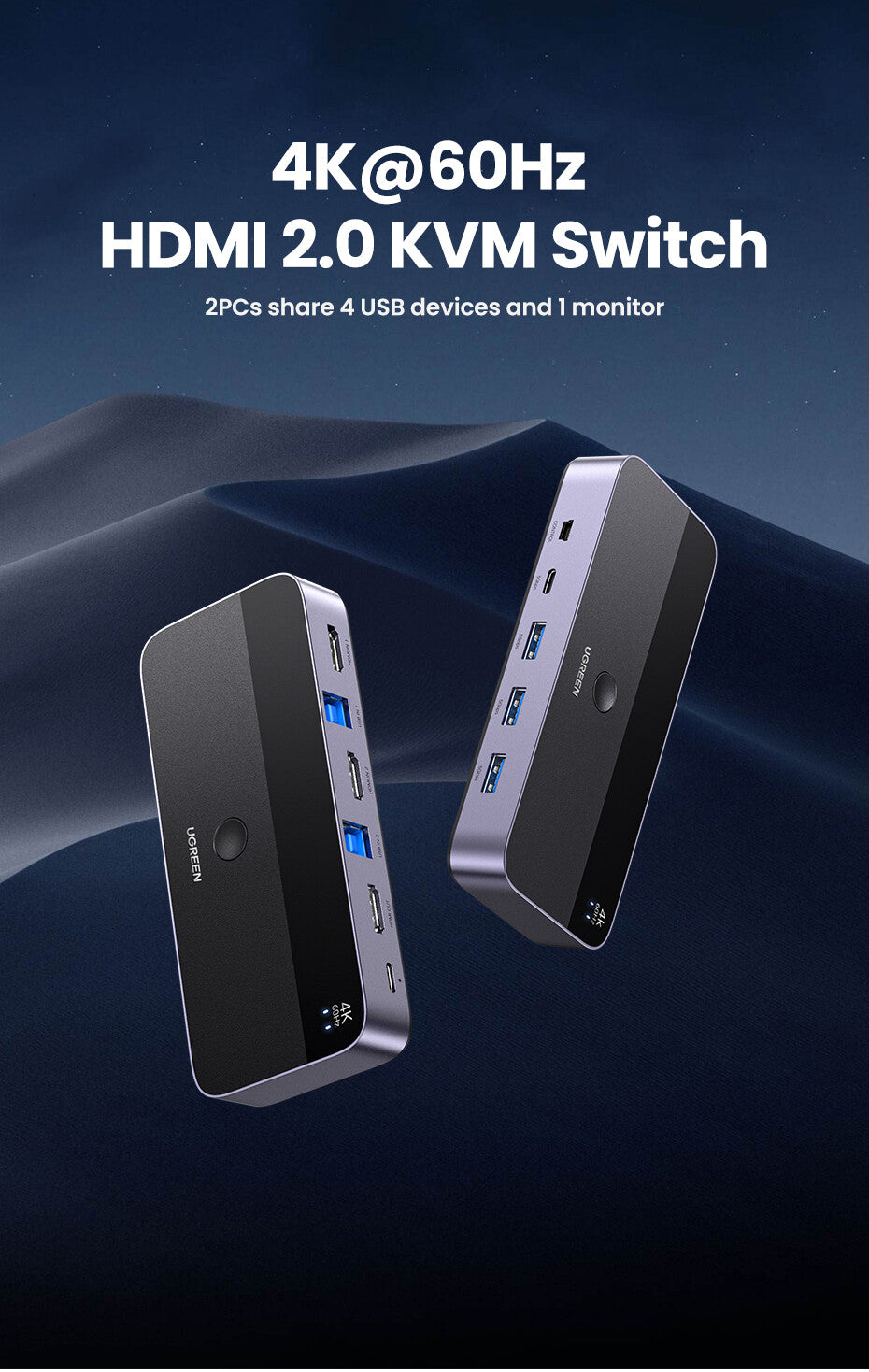 UGREEN HDMI 2.0 KVM Switch – 2 Computers to 1 Monitor Display, 4K60Hz HDMI & USB Peripheral Sharing