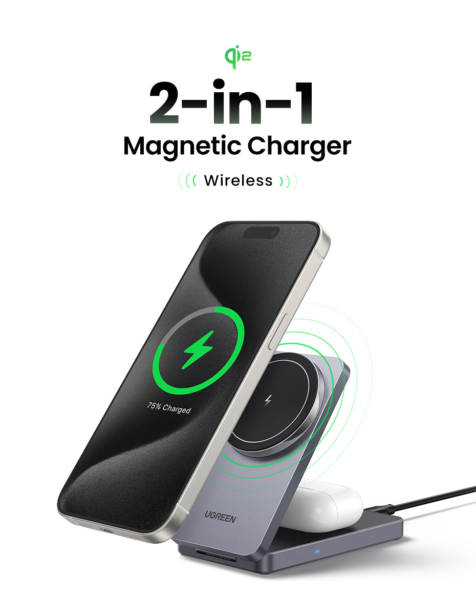 UGREEN 2-in-1 20W MagFlow Wireless Charger, 15W Fast Charging Stand for iPhone 16/15/14 Pro Max, 7.5W for iPhone 16/15 Plus, Compatible with AirPods Pro/Max, Xiaomi Air, Samsung S24 Ultra/S23, Galaxy Buds, Earphones, Phone Holder Included