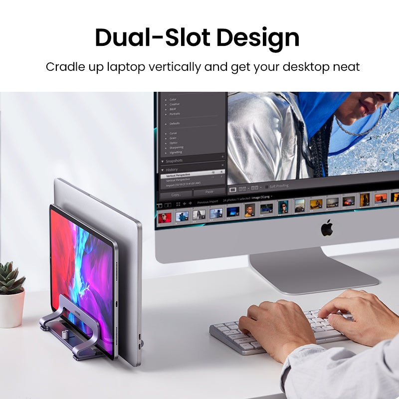 UGREEN Vertical Laptop Stand for Desk, Dual Slot Aluminum Holder, Adjustable Dock, Compatible with MacBook, Chromebook, up to 17.3 Inch, Grey