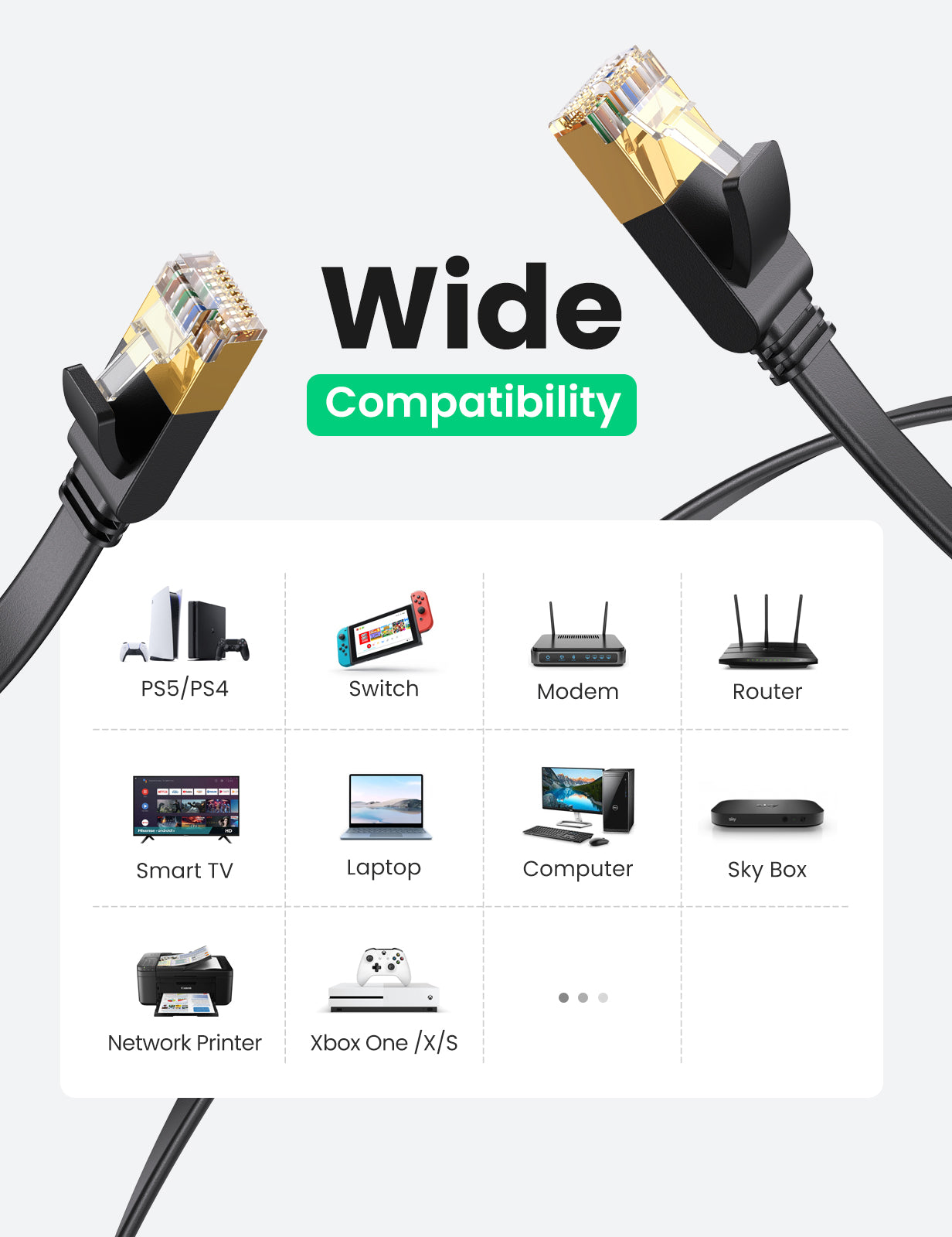 UGREEN Flat Cat7 Ethernet Cable RJ45 10Gbps Network Cable U/FTP Lan Cable Cat 7 RJ45 Patch Cord for Router Laptop Cable Ethernet,Black-Flat Version