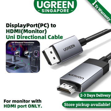 UGREEN DisplayPort to HDMI Cable  4K60Hz HDR Active DP 1.2 to HDMI 2.0 Cord Aluminum Braided Uni-Directional Display Port to HDMI Converter Compatible with Monitor, Projector, Dell, Lenovo, HP