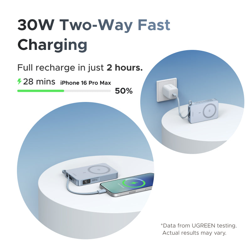 [3C Certified] UGREEN Qi2 25W MagFlow Magnetic Wireless Power Bank 10000mAh 30W PD Fast Charge with Built-in USB-C Cable, MagSafe Compatible for iPhone 16 15 14 Pro Max, Samsung S25 S24 Ultra