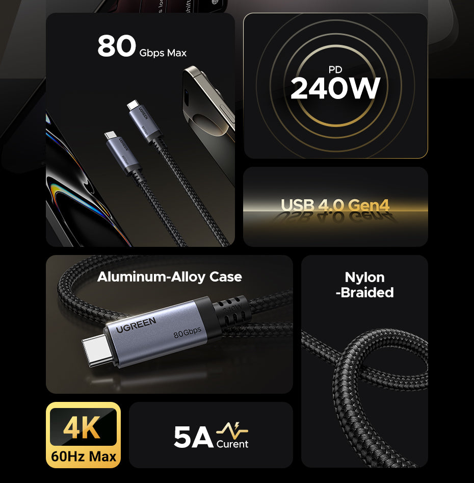 UGREEN 65383 USB C to USB C Cable 240W USB4 Gen4 80Gbps Premium 16K Dual 8K Triple 4K Display PD3.1 Type C Fast Charging Compatible with USB C Monitors, MacBook, iPad, iPhone 16, 1M