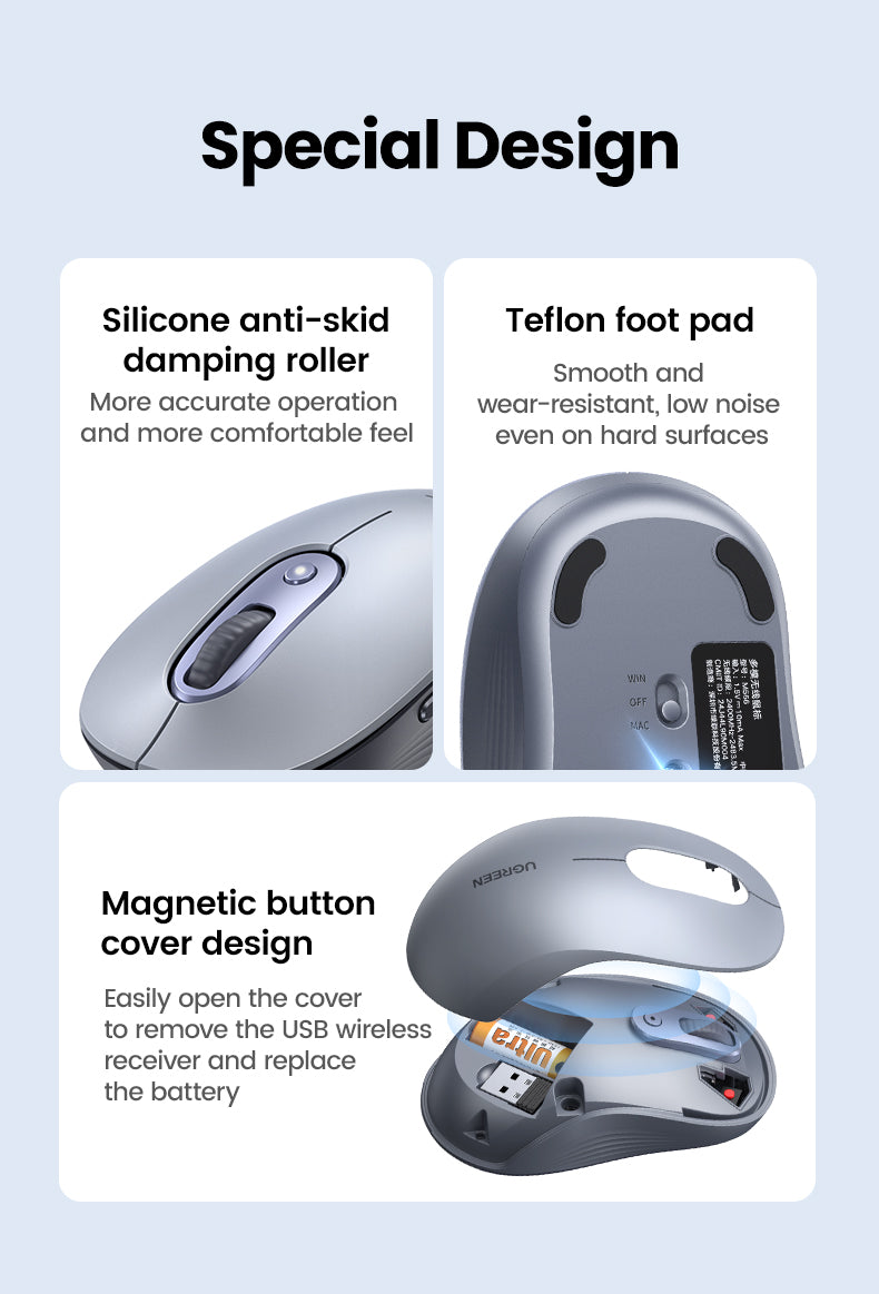 UGREEN Wireless Mouse Bluetooth & 2.4GHz Mice Ergonomic 4000DPI 6 Mute Buttons for Laptop Computer Desktop WIndows Mac OS Mouse