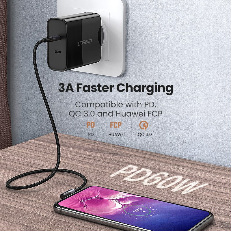 UGREEN 50123 USB C 60W Cable Quick Charge 3.0 Right Angled USB Type C Fast Charging& Data Cable