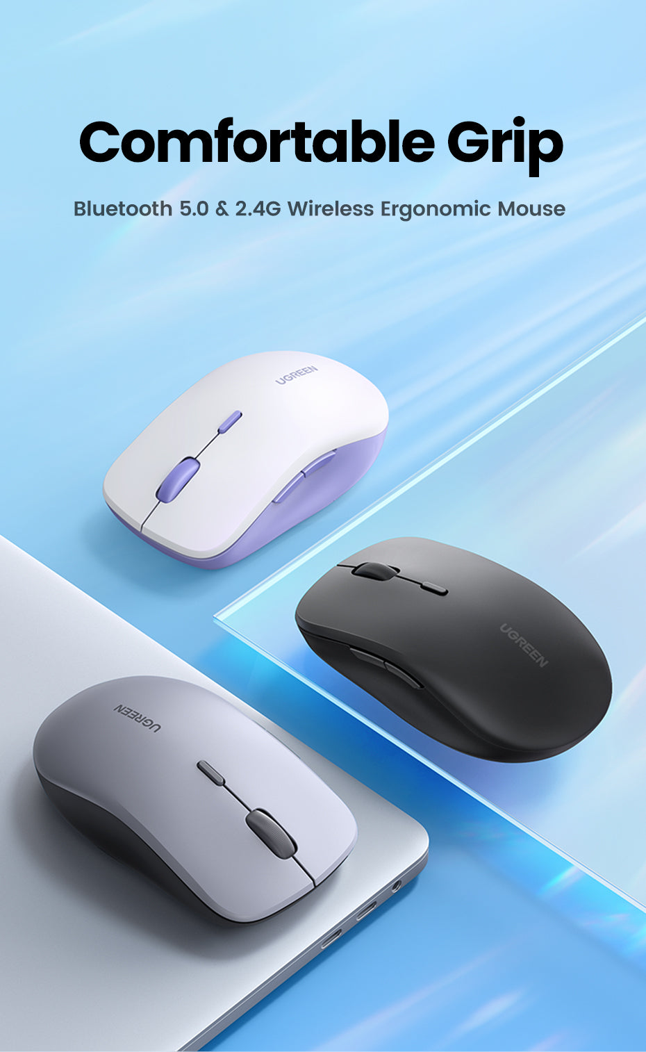 UGREEN Wireless Mouse Bluetooth & 2.4GHz Mice Ergonomic 4000DPI 6 Mute Buttons for Laptop Computer Desktop WIndows Mac OS Mouse