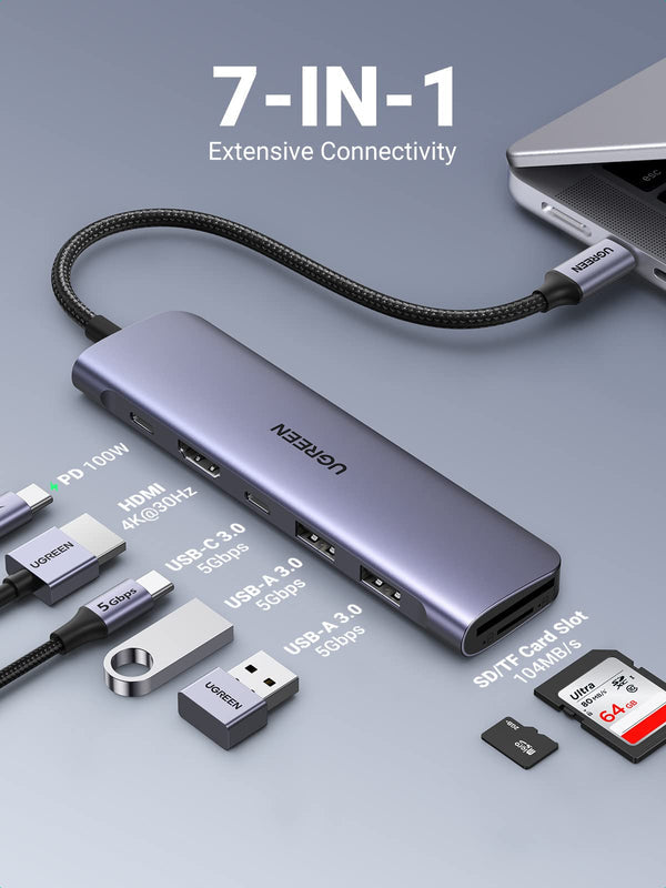 UGREEN 15214 7in1 USB C Hub, 5 Gbps USB-C Hub with 4K HDMI, 100W Power Delivery, USB-C and 2 USB-A Data Ports, SD/TF Card Reader, Multiport Adapter forPC, Laptop, iMac, MacBook Air, iPad, iPhone 16/15
