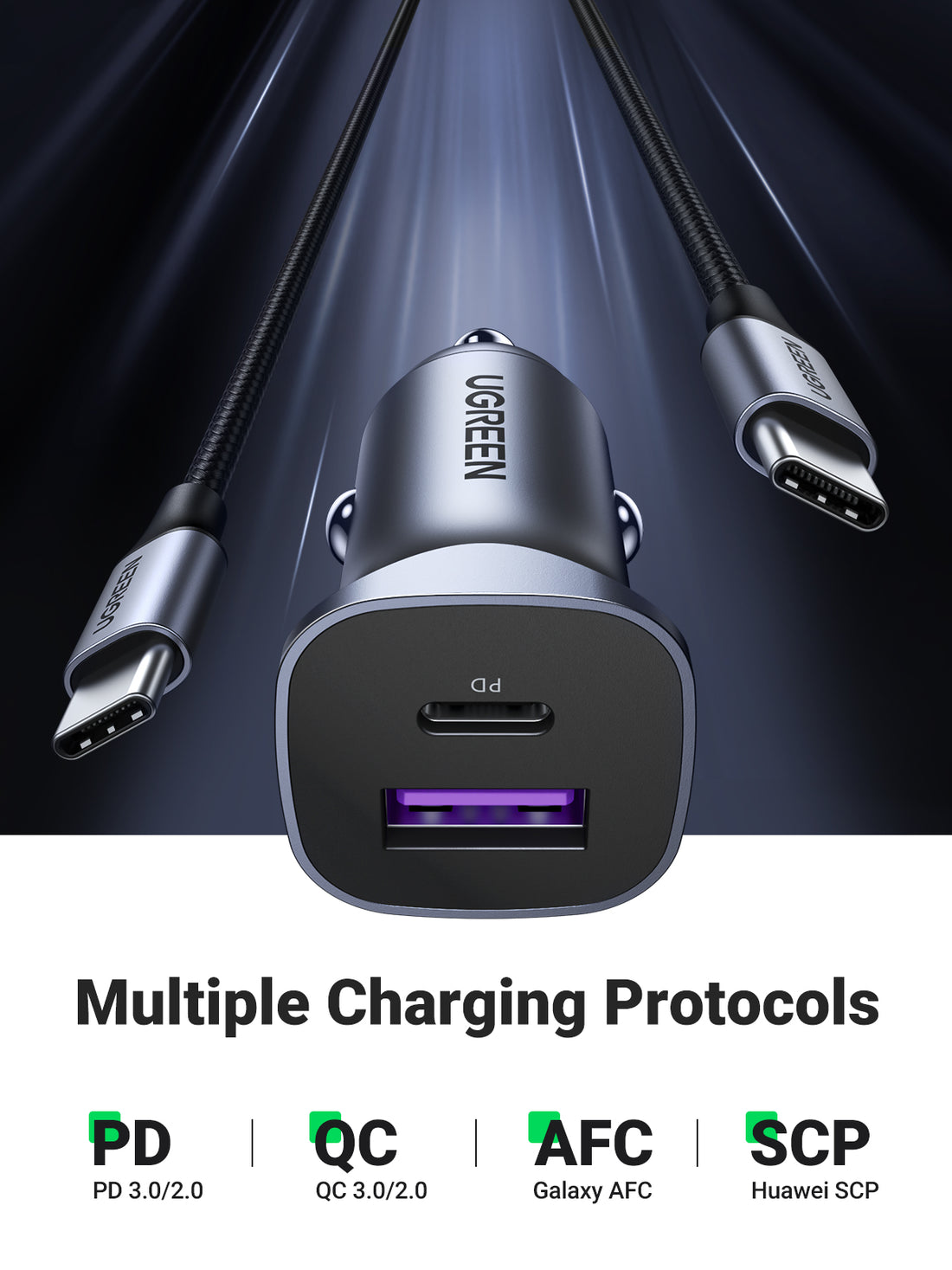 UGREEN Dual Port Car Charger USB C PD 30W + USB A SCP 22.5W Fast Car Charging Adapter for iPhone 16 15 iPad Huawei