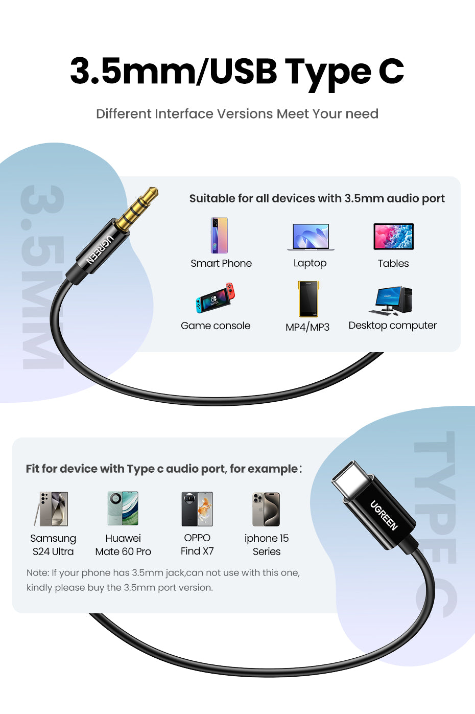 UGREEN In-Ear Earphones 3.5mm Type C Stereo Bass Wired Headphones HIFI Earphones with Mic for Samsung S24 S23 Ultra iPhone16/15 Pro Max