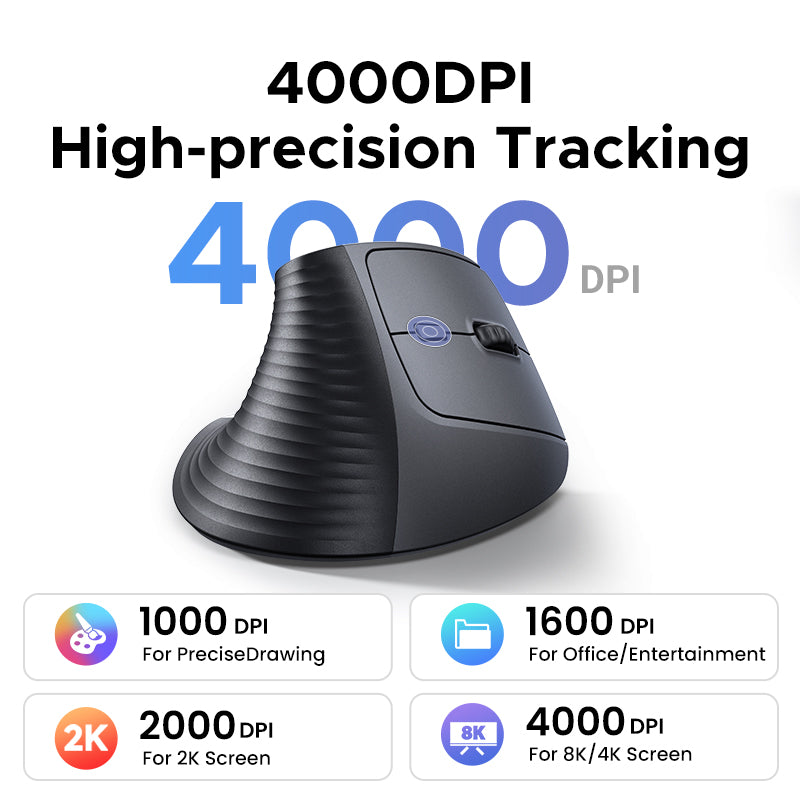 UGREEN 2.4G Wireless Ergonomic Vertical Mouse 4000DPI Adjustable USB Receiver Bluetooth Compatible with Windows MacBook Laptop Office Gaming