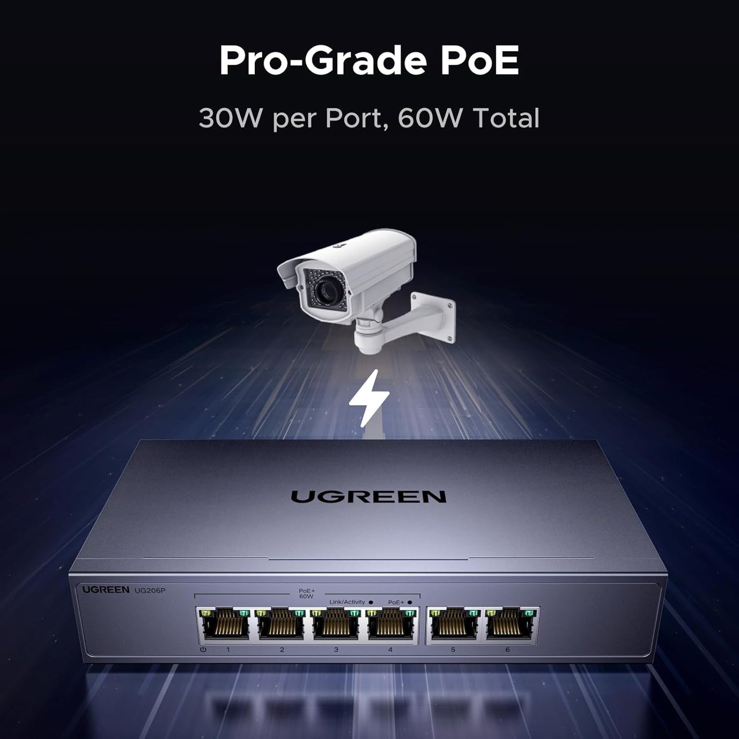UGREEN POE Network Switch,4x Gigabit PoE+ Ports& 2 Gigabit Auto ports Ethernet Splitter , 802.3af/at 30W,60W Total Budget, 6 Port Metal Case Hub,Plug & Play for TV/Laptop/Switch/Router/Camera