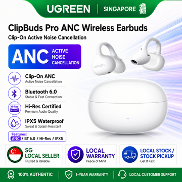 UGREEN ClipBuds Pro ANC Wireless Earbuds Bluetooth 6.0 [Active Noise Cancelling Hi-Res] Open Ear Clip On Headset IPX5 Waterproof Sport Earphones
