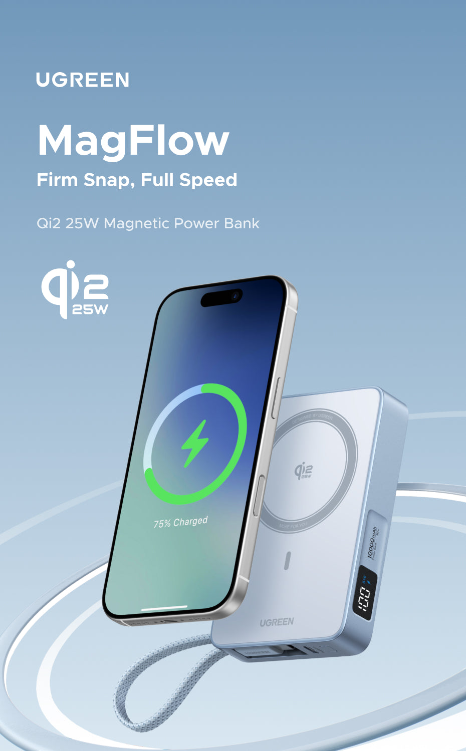 [3C Certified] UGREEN Qi2 25W MagFlow Magnetic Wireless Power Bank 10000mAh 30W PD Fast Charge with Built-in USB-C Cable, MagSafe Compatible for iPhone 16 15 14 Pro Max, Samsung S25 S24 Ultra