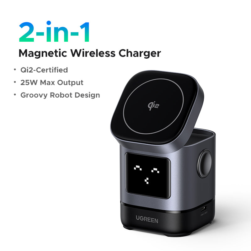 UGREEN Uno Qi2 Certified 15W Wireless Charger Stand, 2-in-1 Foldable Charging Station Compatible with iPhone 16/15/14/13/12 Series, AirPods 2/3/4/Pro (No AC Adapter)