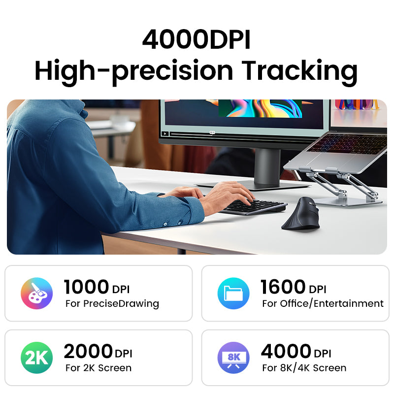 UGREEN Vertical Ergonomic Mouse, Bluetooth & 2.4G, Quiet clicks, 5 Buttons, 4000 DPI Wireless Mouse 4 Adjustable DPI, Silent Mouse for Laptop, Mac, Chromebook, PC, Windows, Black