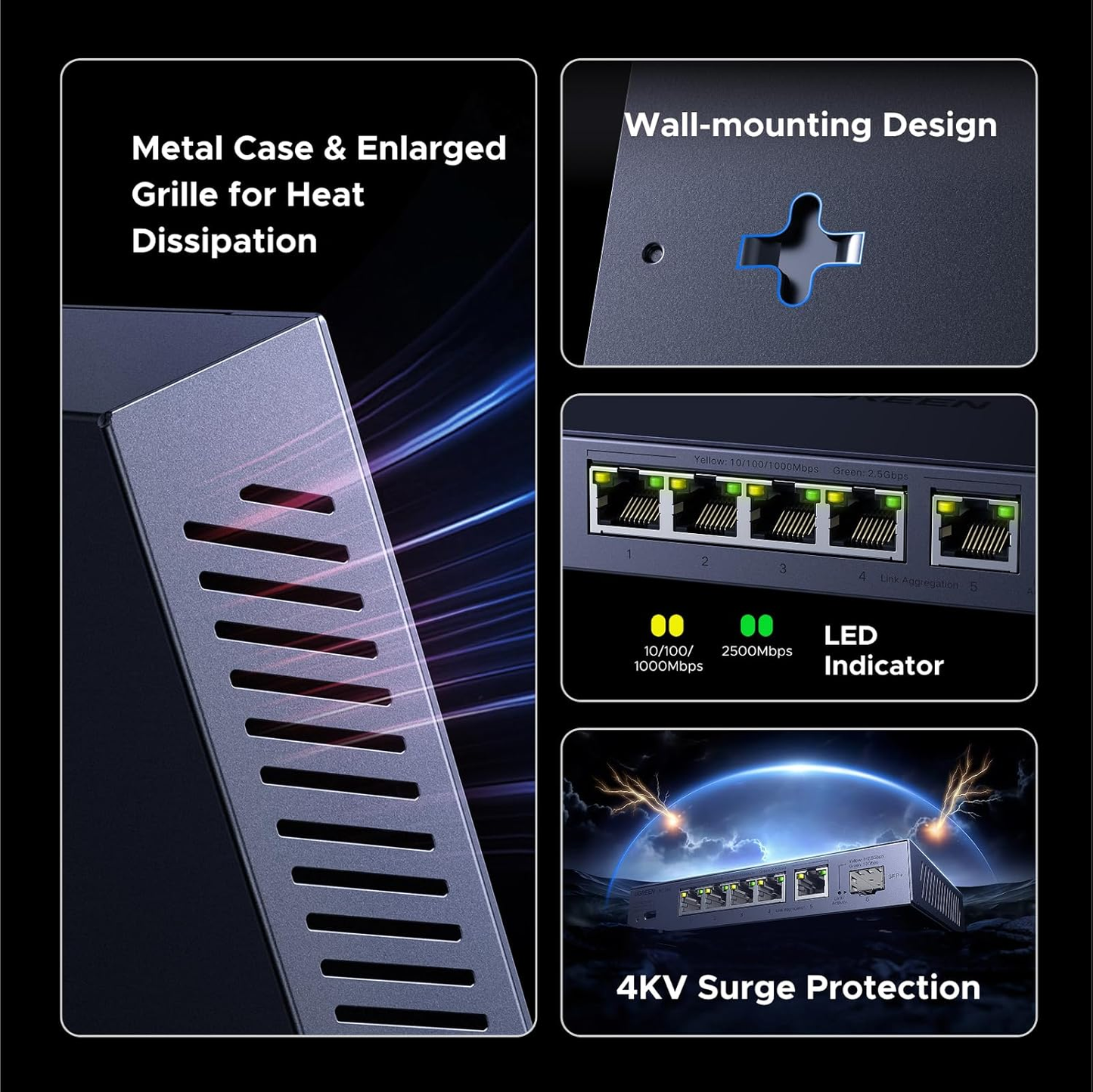 UGREEN 2.5Gbps Network Switch, 5 x 2.5Gbps Base-T& 1 x 10Gbps SFP+ Slot Ethernet Splitter, 6 Port Metal Case Ethernet Switch Hub,Desktop & Wall-Mounting,Plug & Play for TV/Laptop/Switch/Router/Camera