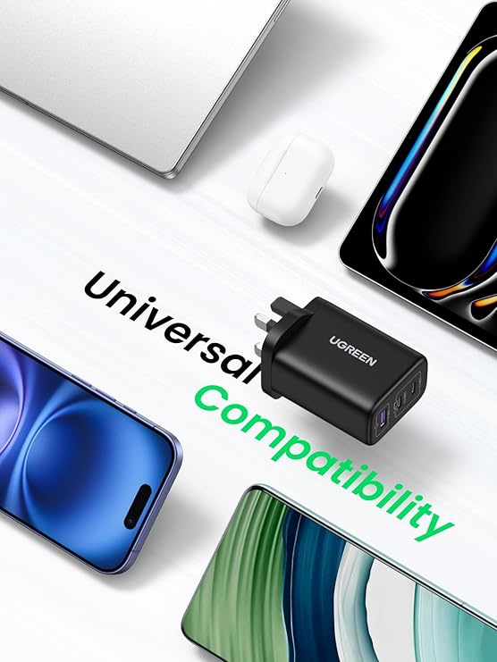 UGREEN 65W 3-Port GaN Fast USB-C Charger Adapter with PPS for MacBook/Air, iPad Pro/Air, iPhone 15/16 Pro Max, Galaxy S25 Ultra - Travel Wall Charger with 24h Protection