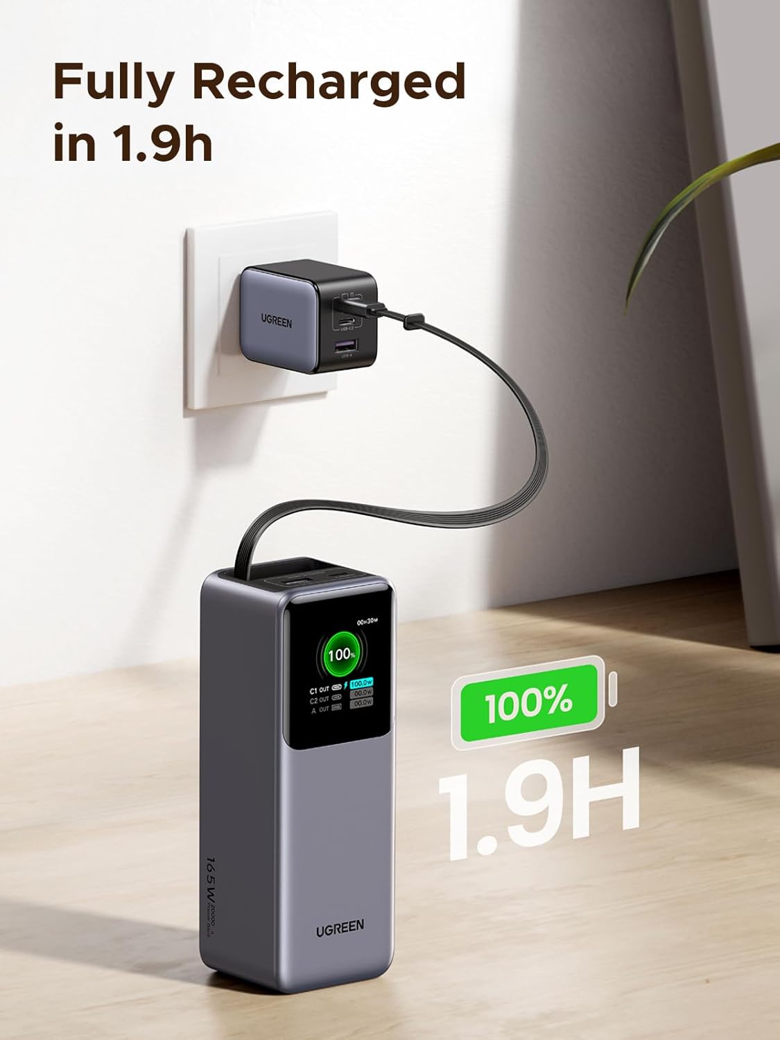 UGREEN Nexode Power Bank 20000mAh 165W with Built-in USB C Cable Laptop Travel Portable Charger, 100W Input, Fast Charging for MacBook Pro/Air/iPhone 16/iPad Pro/Galaxy S25 Ultra/Dell/HP and More