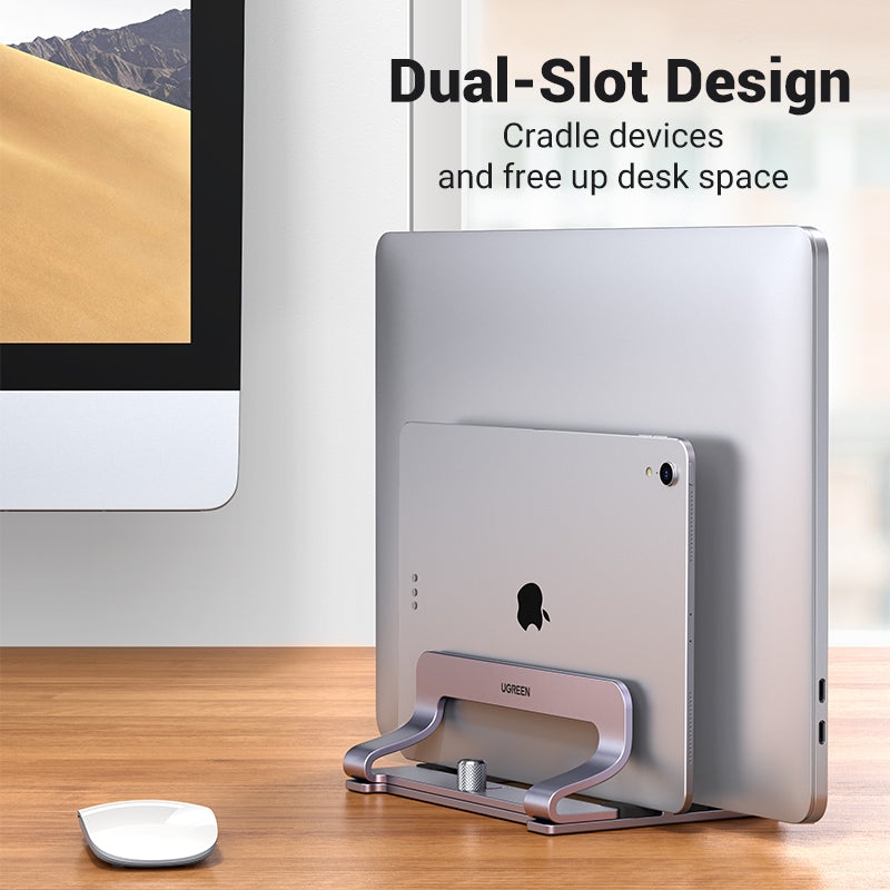 UGREEN Vertical Laptop Stand for Desk, Dual Slot Aluminum Holder, Adjustable Dock, Compatible with MacBook, Chromebook, up to 17.3 Inch, Grey