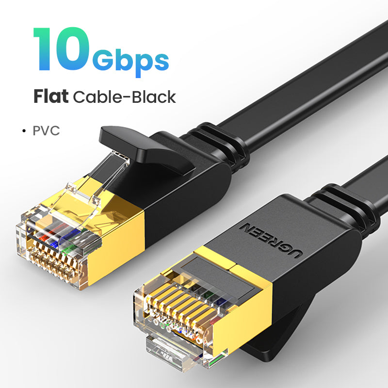 UGREEN Flat Cat7 Ethernet Cable RJ45 10Gbps Network Cable U/FTP Lan Cable Cat 7 RJ45 Patch Cord for Router Laptop Cable Ethernet,Black-Flat Version