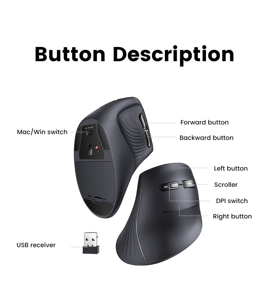 UGREEN Vertical Ergonomic Mouse, Bluetooth & 2.4G, Quiet clicks, 5 Buttons, 4000 DPI Wireless Mouse 4 Adjustable DPI, Silent Mouse for Laptop, Mac, Chromebook, PC, Windows, Black