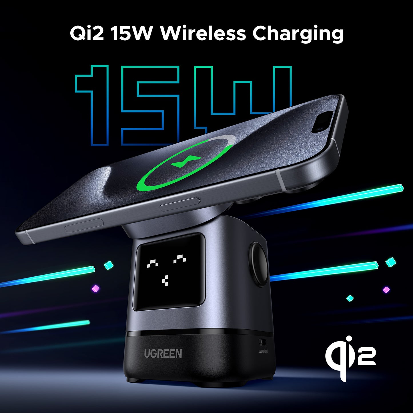 UGREEN Uno Qi2 Certified 15W Wireless Charger Stand, 2-in-1 Foldable Charging Station Compatible with iPhone 16/15/14/13/12 Series, AirPods 2/3/4/Pro (No AC Adapter)